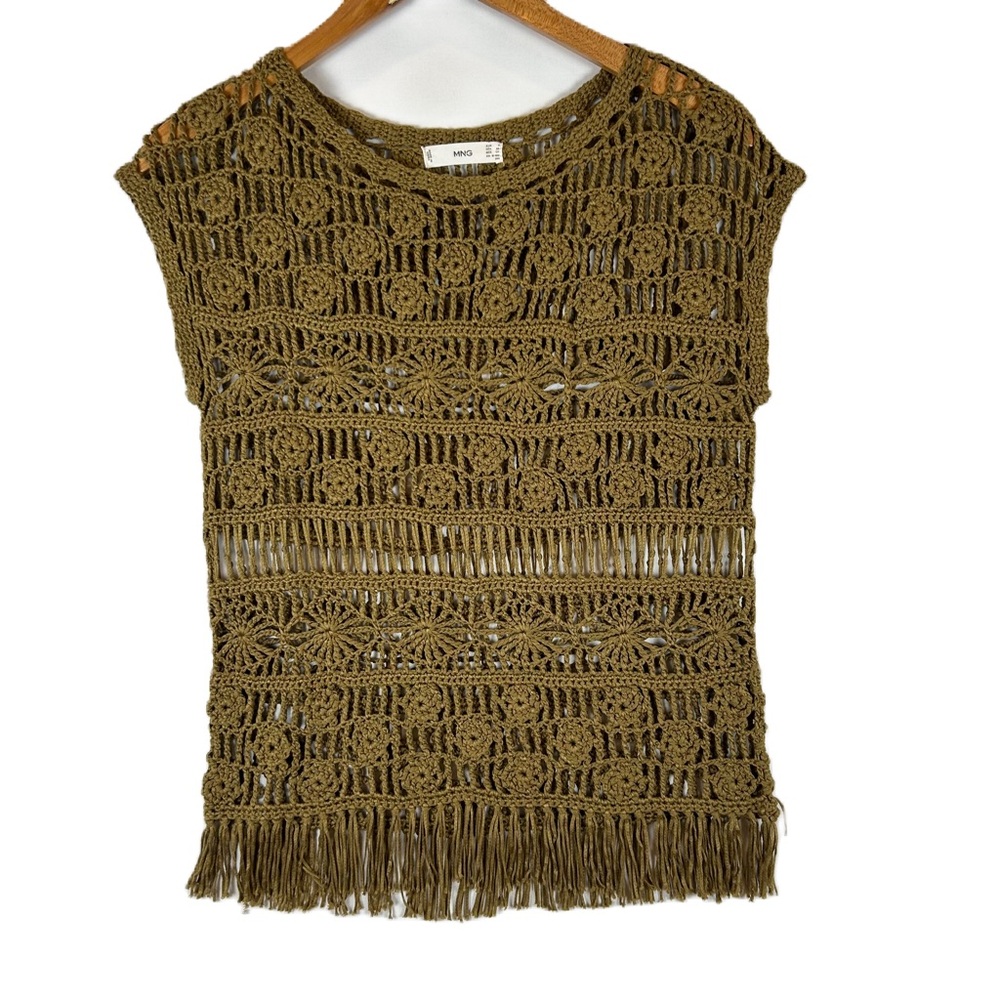 MNG Mango Women's Olive Round Neck Short Sleeve Boho Crochet Fringe Top‎ XS